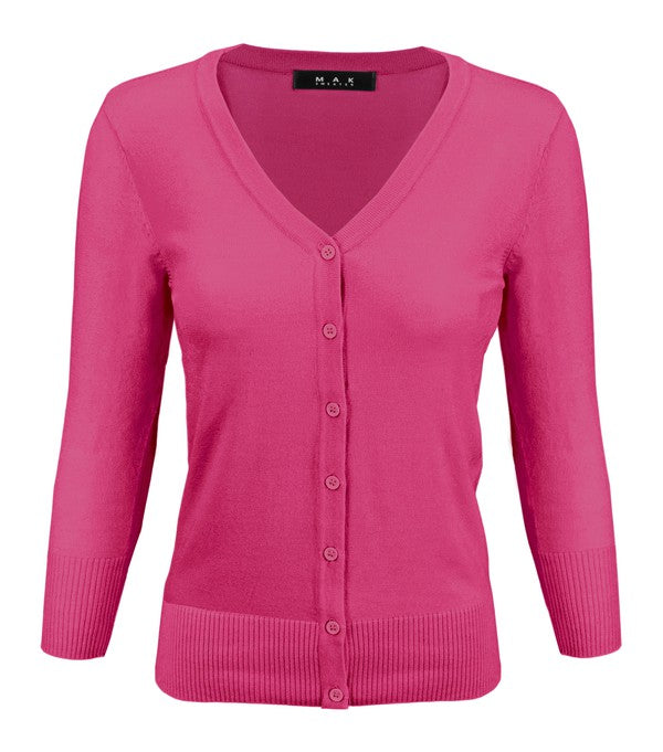 3/4 Sleeve V-Neck Button Down Knit Plus Size Cardigan Sweater **available in 29 colors!