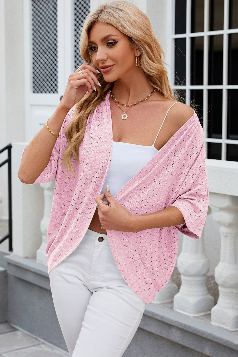 Eyelet Open Front Half Sleeve Cardigan **also in hot pink, white, blush, black, green, & lavendar