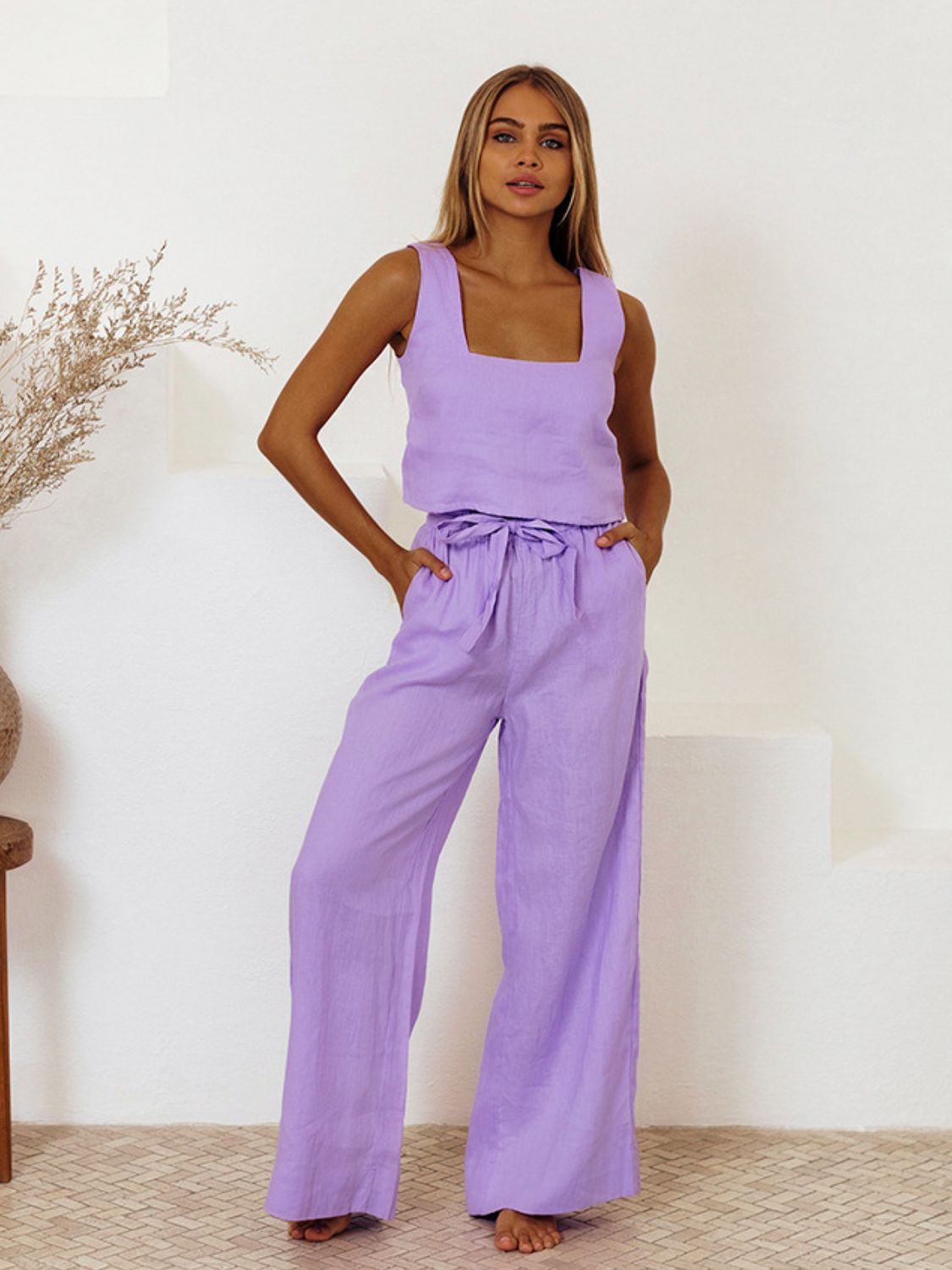 Square Neck Sleeveless Top and Pants Set **also available in white and lavender