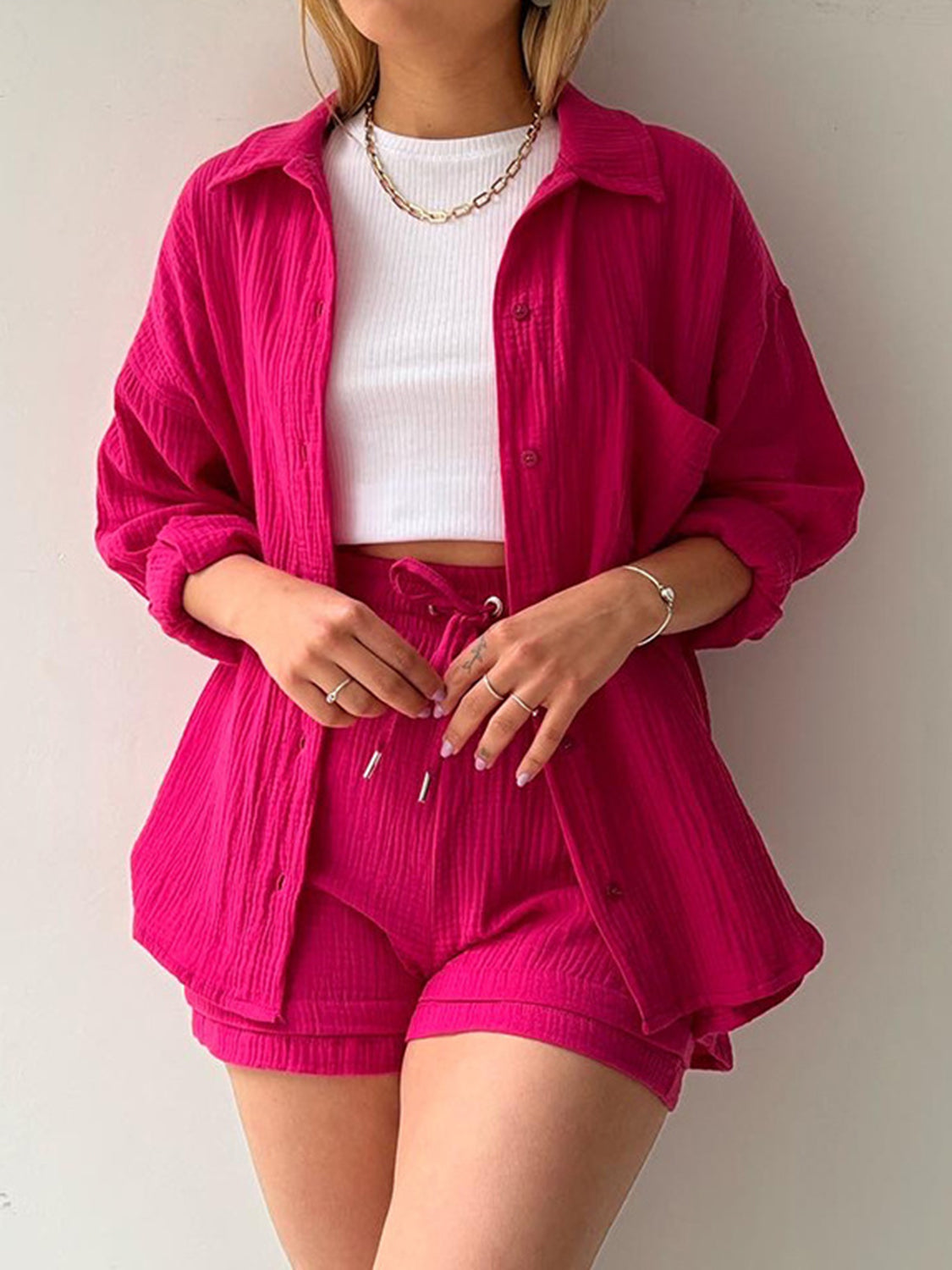 Texture Button Up Shirt and Drawstring Shorts Set **available in 11 colors