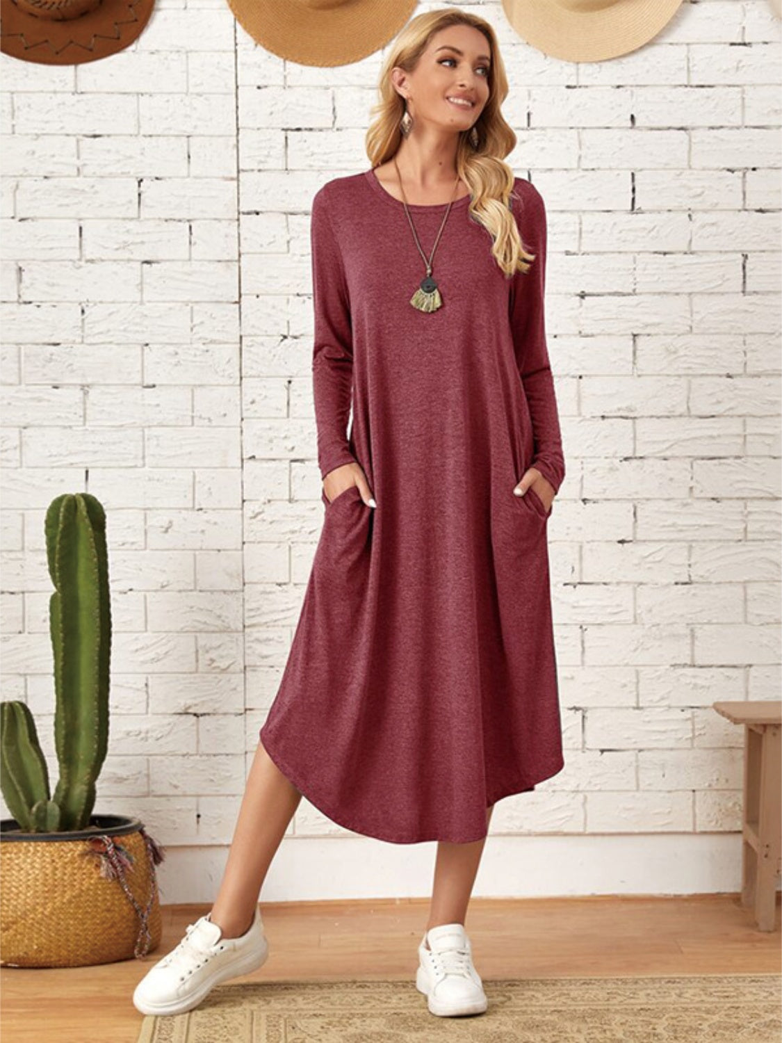 Pocketed Round Neck Long Sleeve Tee Dress **also in grey, black, burgundy, yellow green, and dusty blue