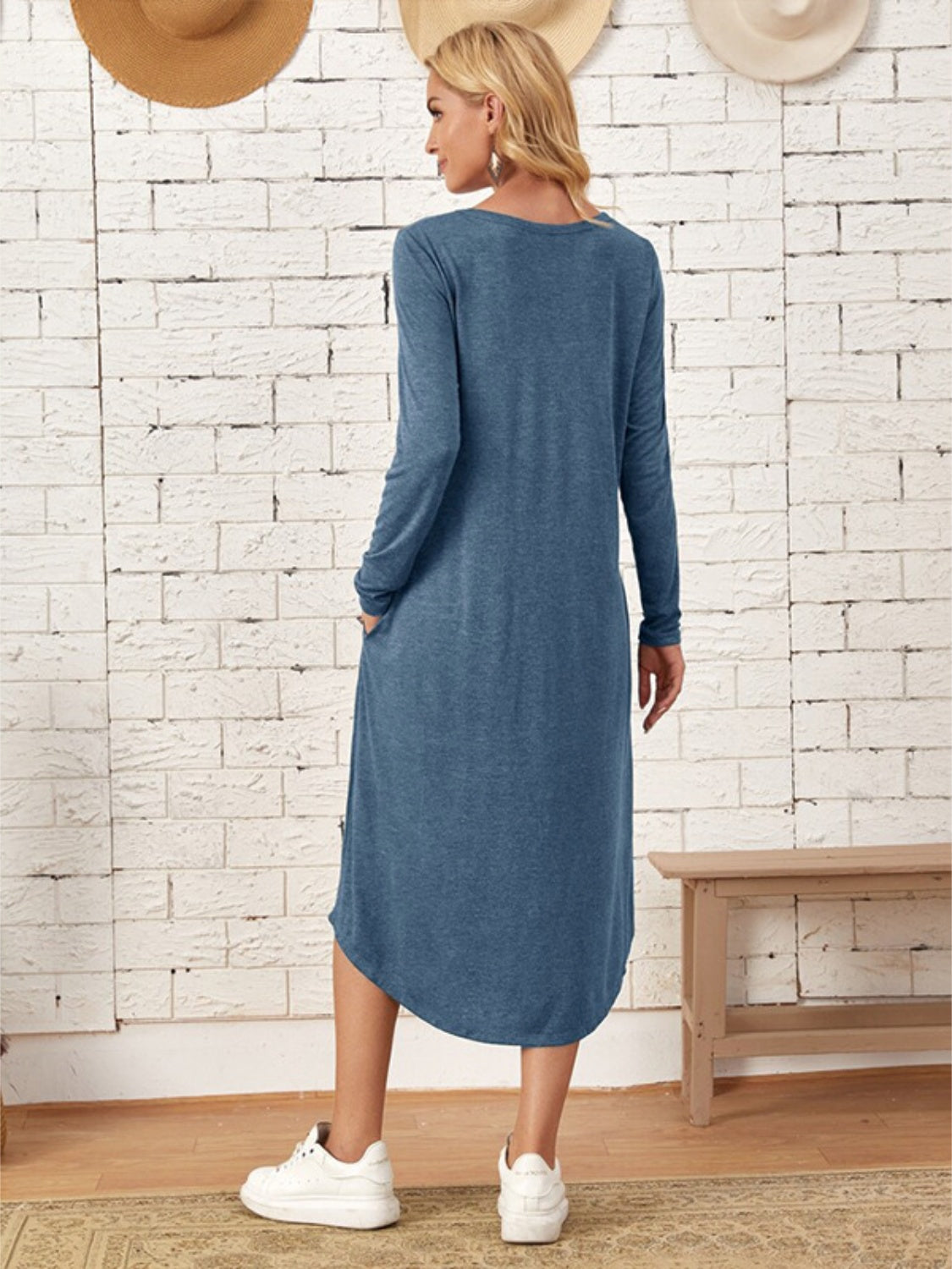 Pocketed Round Neck Long Sleeve Tee Dress **also in grey, black, burgundy, yellow green, and dusty blue