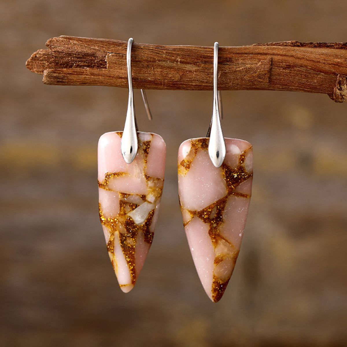 Natural Stone Geometric Shape Earrings **available in pink, green and coral, set in gold or silver