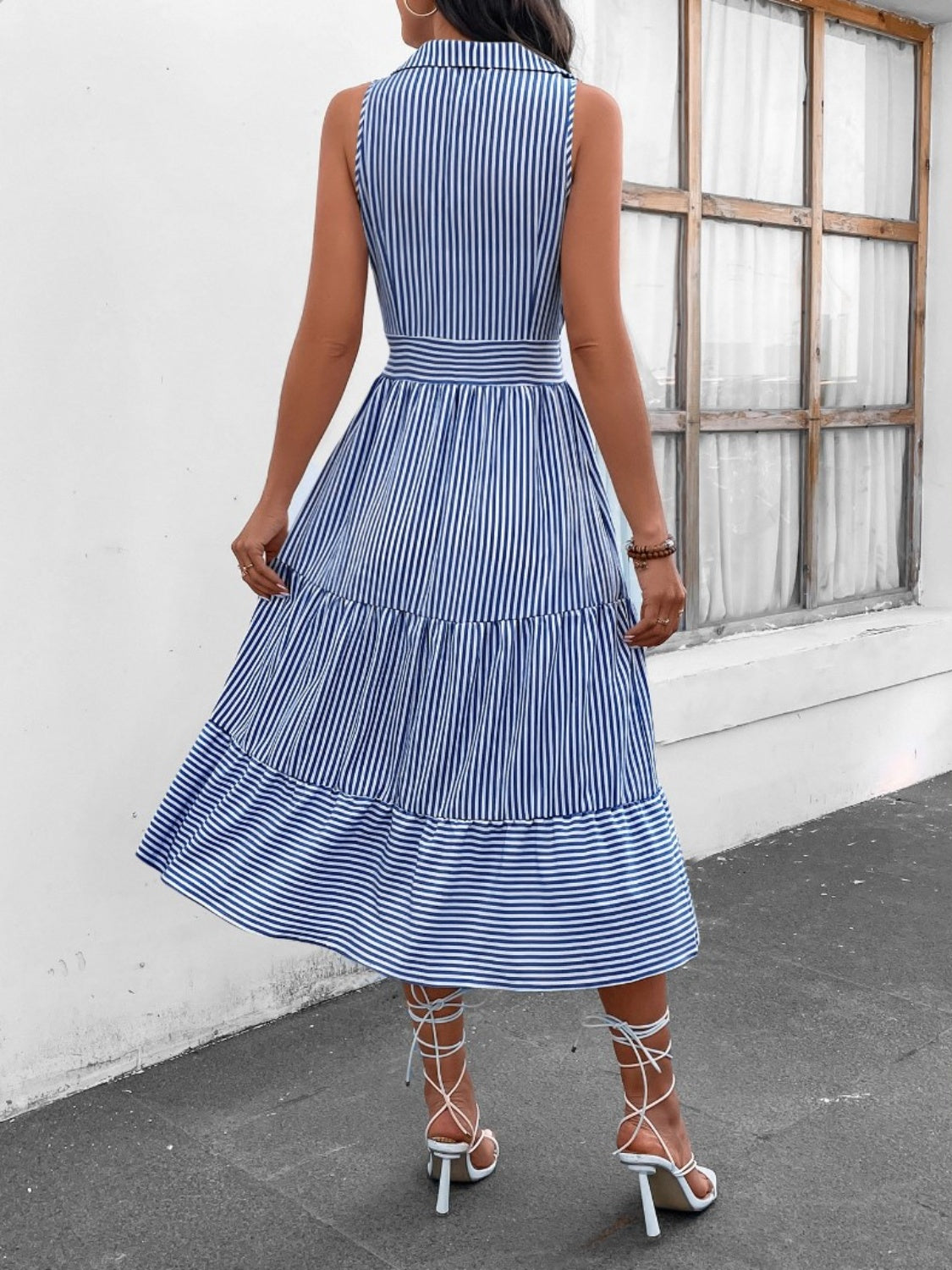 Striped Johnny Collar Sleeveless Midi Dress **also in misty blue, pink, yellow, mauve, dusty blue, lavender