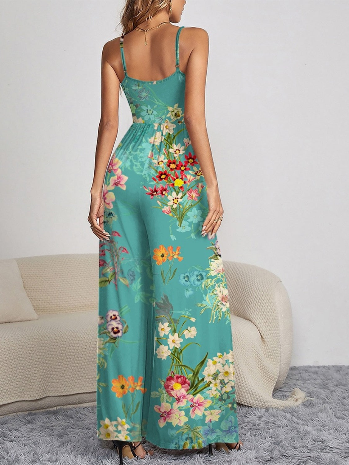 Floral Print Decorative Button Spaghetti Strap Wide Leg Jumpsuit