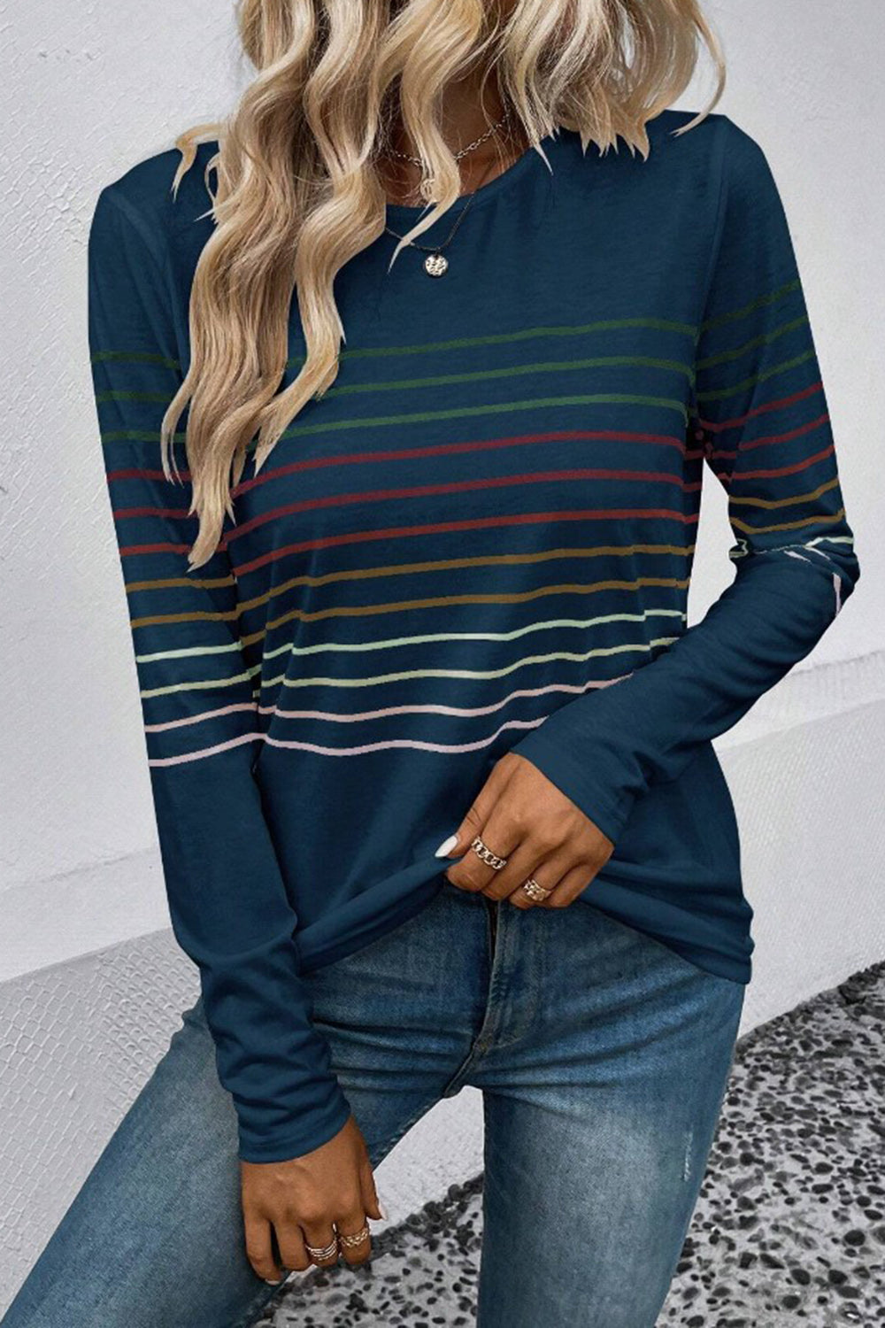 Striped Round Neck Long Sleeve T-Shirt **also in black, green, teal, grey, and burgundy