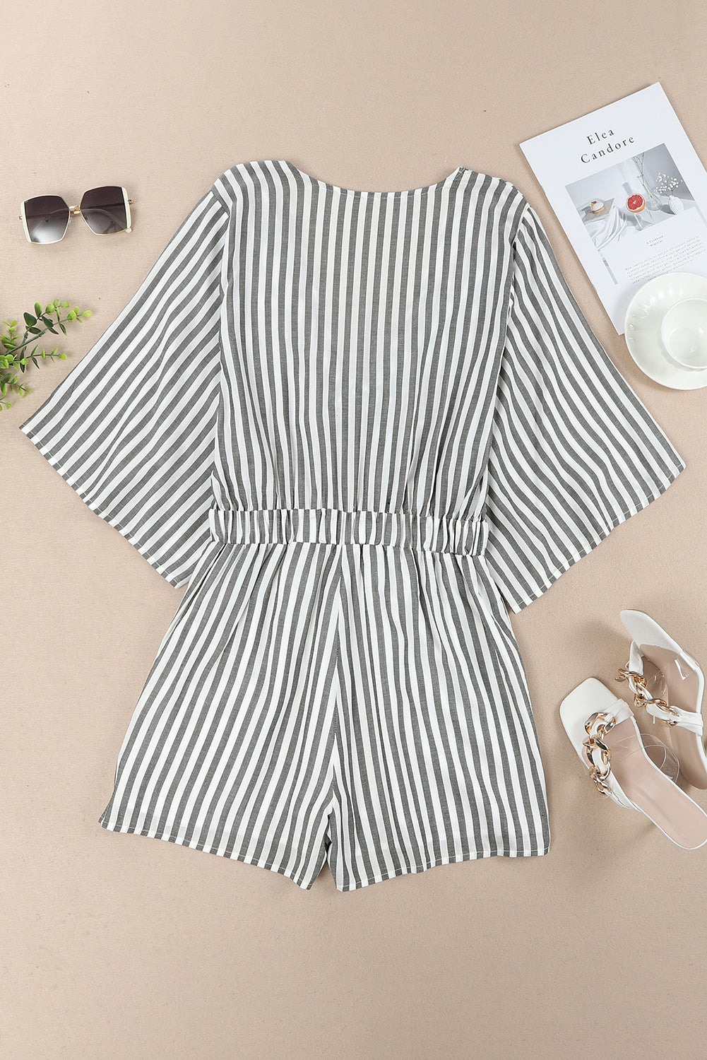 SYNZ Tied Striped Three-Quarter Sleeve Romper