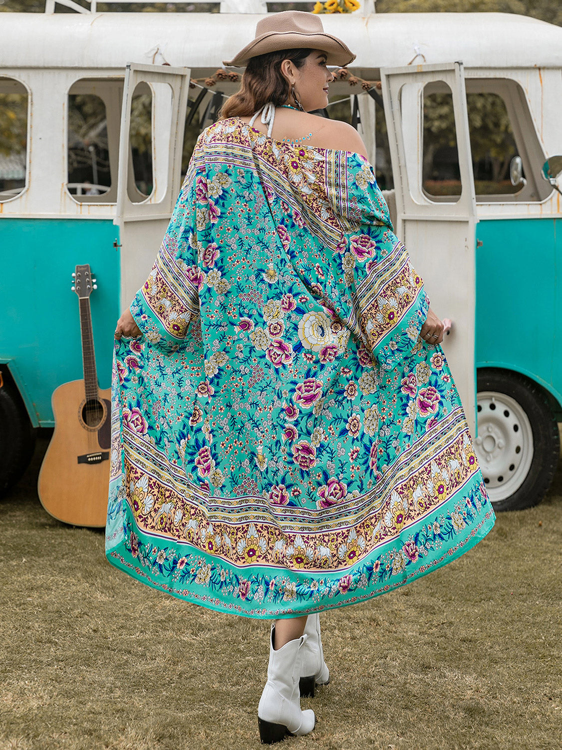 Double Take Plus Size Printed Open Front Longline Kimono **also in yellow and hot pink