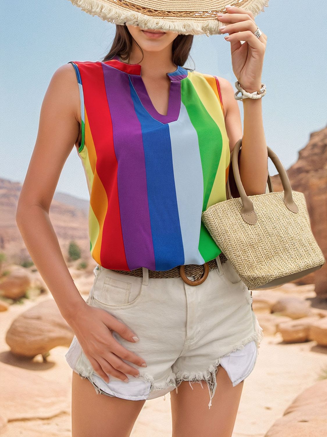 Color Block Notched Sleeveless Tank *also available in camel stripe