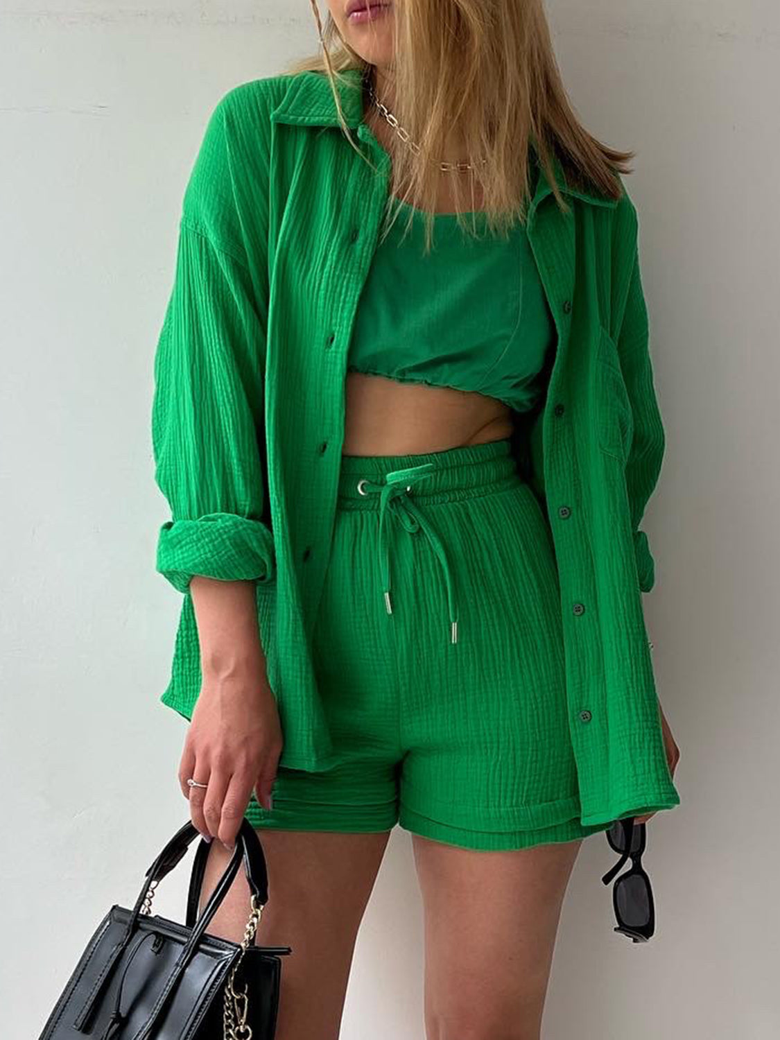 Texture Button Up Shirt and Drawstring Shorts Set **available in 11 colors