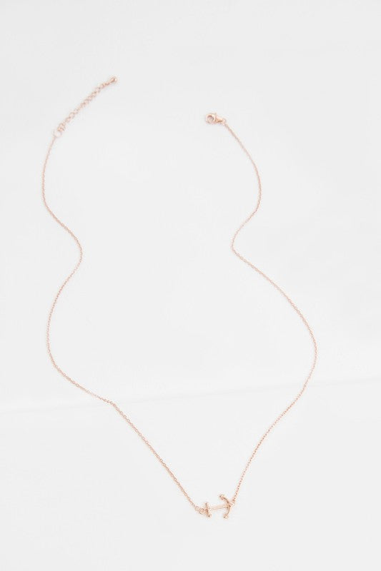 Rose gold plated anchor necklace with lobster claw clasp.