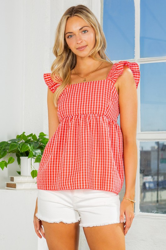 Orange Farm Ruffle Sleeve Tie Back Gingham Top **also available in red