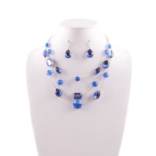 Blue Silver Gem Layered Necklace and Earrings