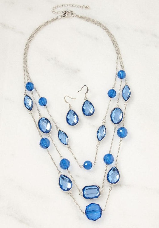 Blue Silver Gem Layered Necklace and Earrings