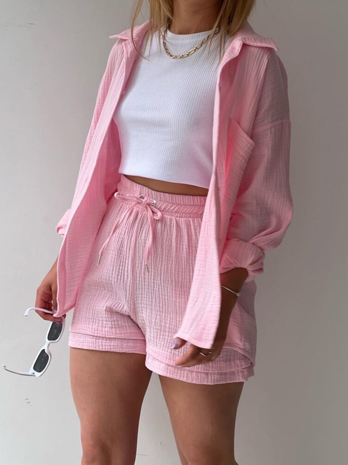 Texture Button Up Shirt and Drawstring Shorts Set **available in 11 colors