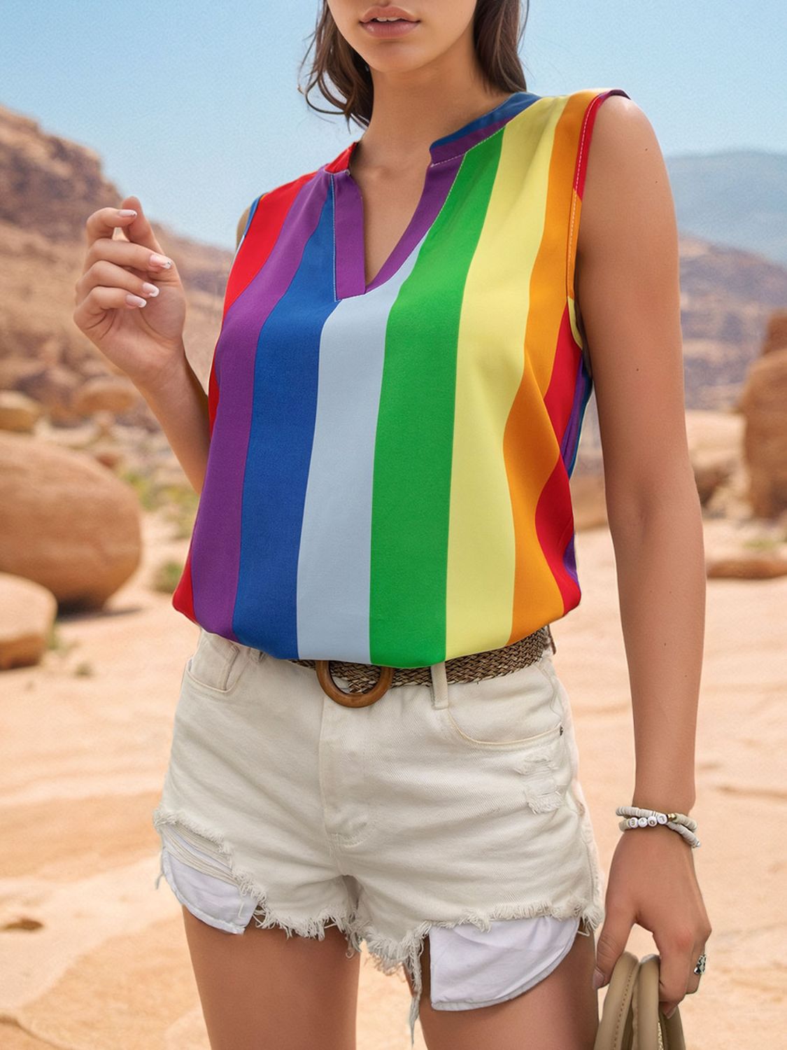 Color Block Notched Sleeveless Tank *also available in camel stripe