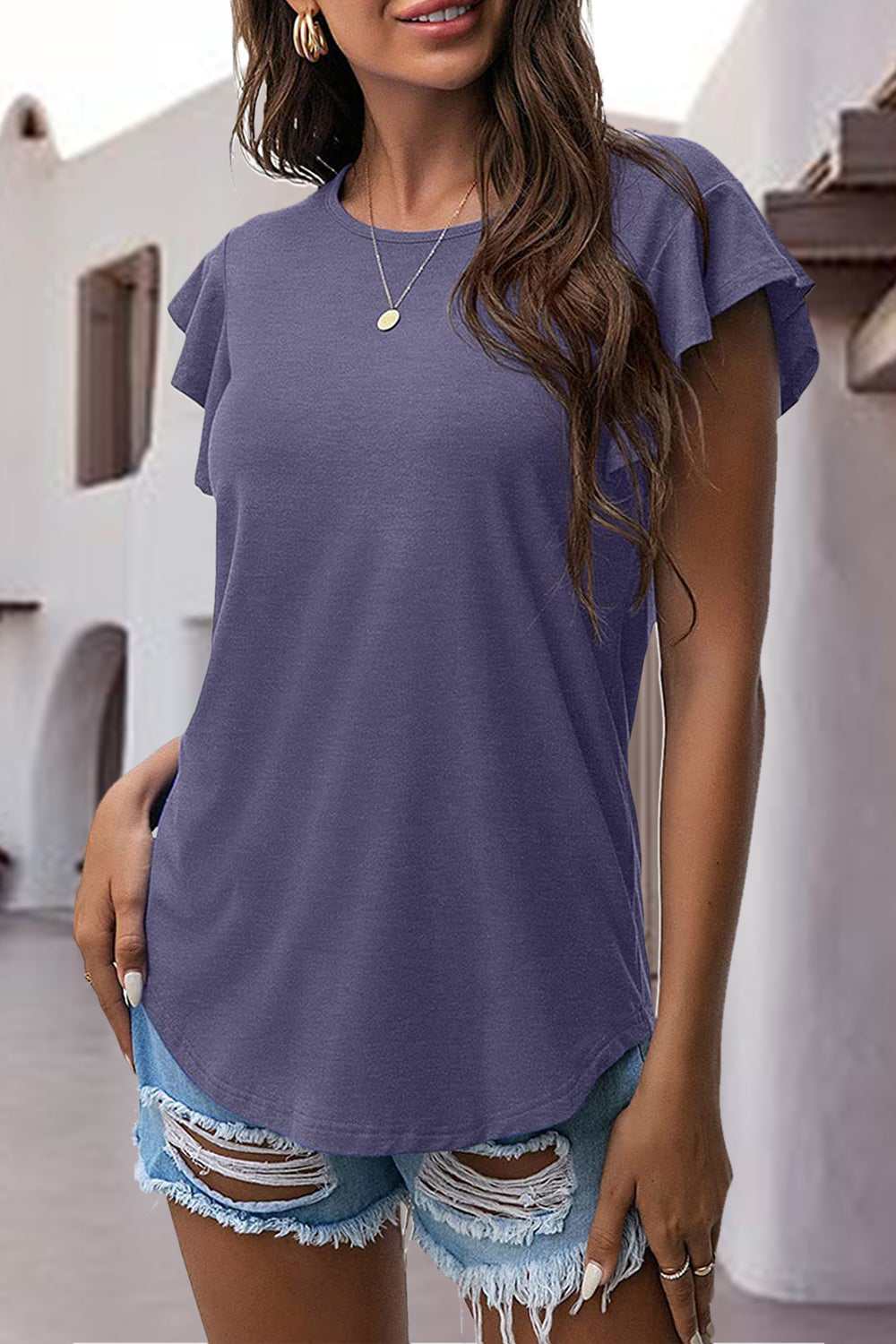 Ruffled Round Neck Cap Sleeve Tee **available in 12 colors