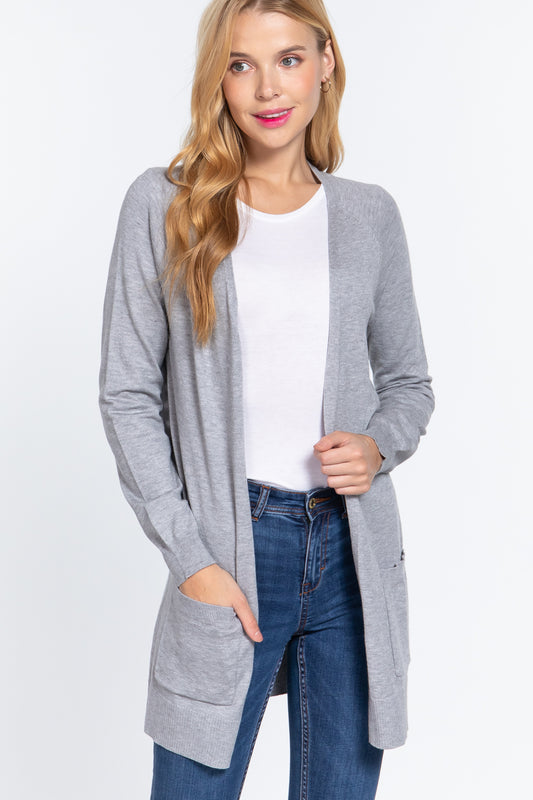 Blonde model wearing a white tee and blue jeans with an Active Basic lightweight open front long sleeve cardigan in heather grey against a white backdrop.