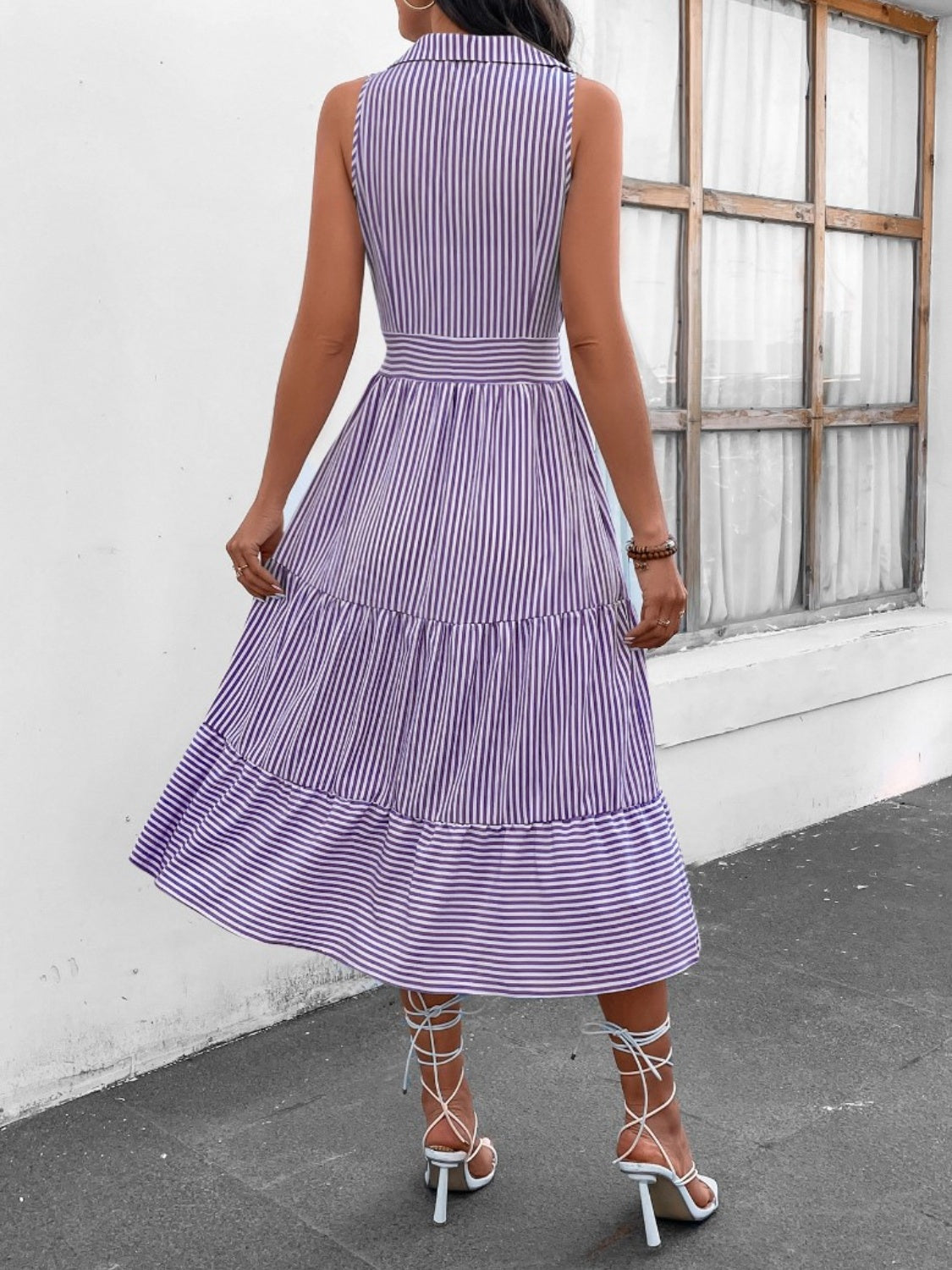 Striped Johnny Collar Sleeveless Midi Dress **also in misty blue, pink, yellow, mauve, dusty blue, lavender