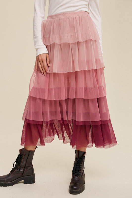 SYNZ Elastic Waist Layered Tulle Midi Skirt