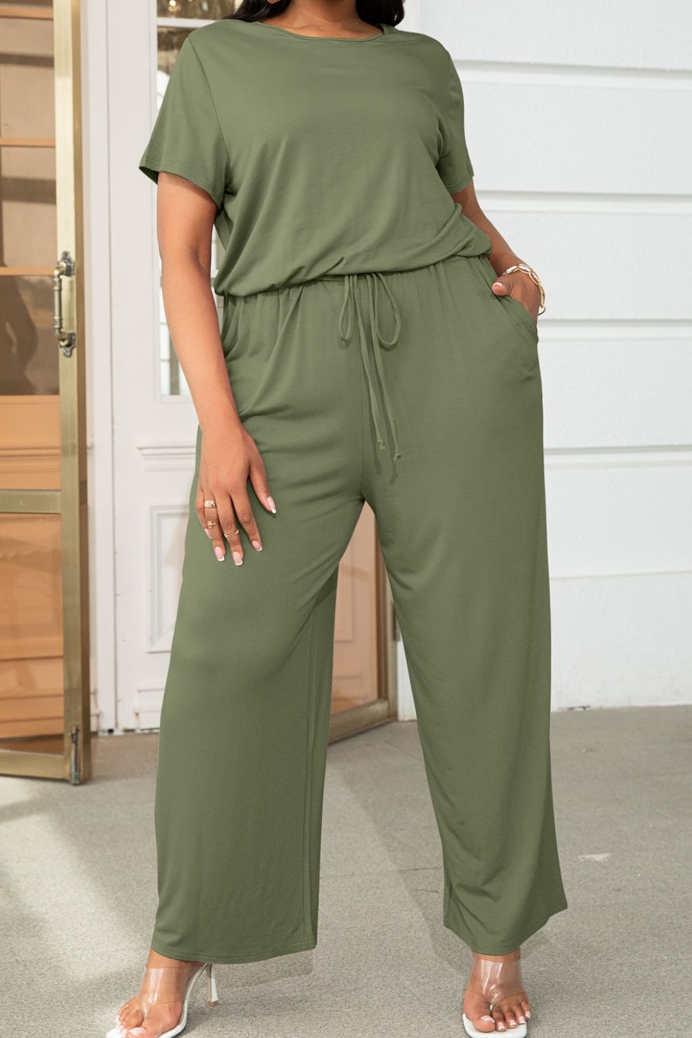 Plus Size Drawstring Waist Short Sleeve Jumpsuit **also in forest, wine, moss, and tan