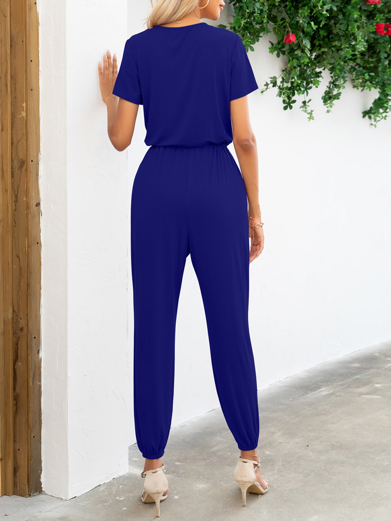 Short Sleeve V-Neck Jumpsuit with Pockets **also in deep red, navy, green, cobalt, and khaki