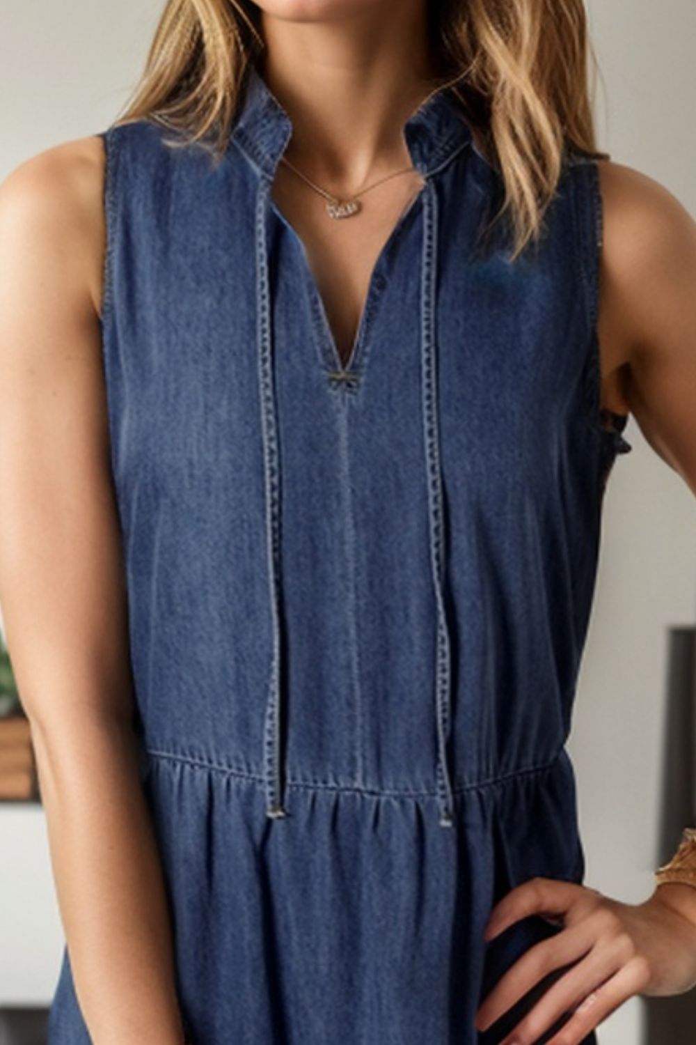 Tie Neck Sleeveless Denim Dress **available in dark or light denim