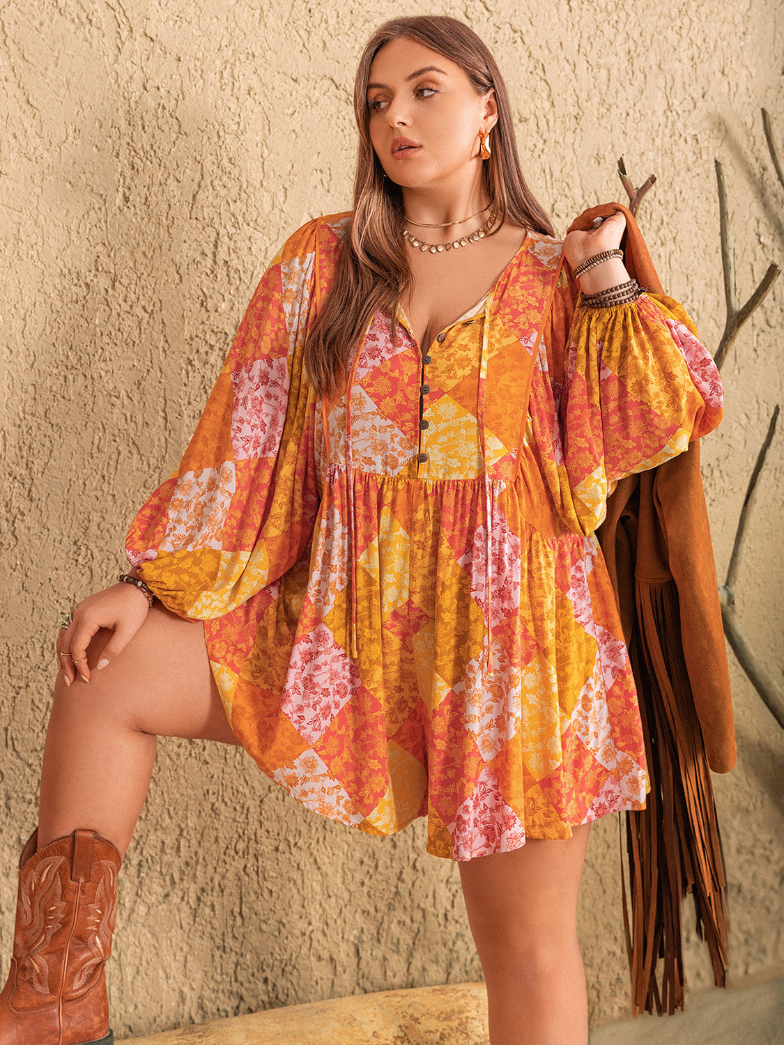 Plus Size Floral Tie Neck Balloon Sleeve Romper **also in pumpkin and pastel blue