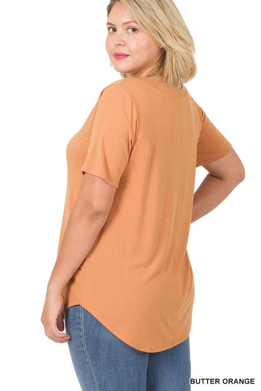 Zenana Plus Short Sleeve V-Neck Round Hem Top