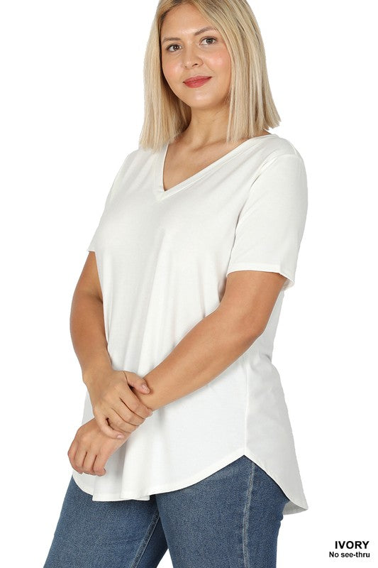 Zenana Plus Short Sleeve V-Neck Round Hem Top