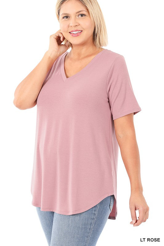 Zenana Plus Short Sleeve V-Neck Round Hem Top