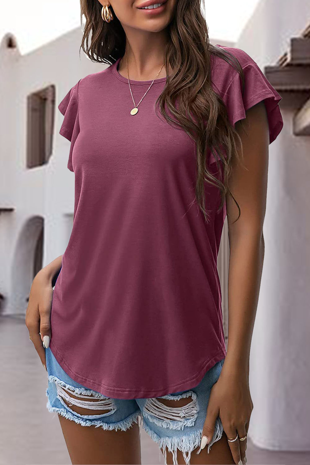 Ruffled Round Neck Cap Sleeve Tee **available in 12 colors