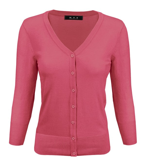 3/4 Sleeve V-Neck Button Down Knit Plus Size Cardigan Sweater **available in 29 colors!