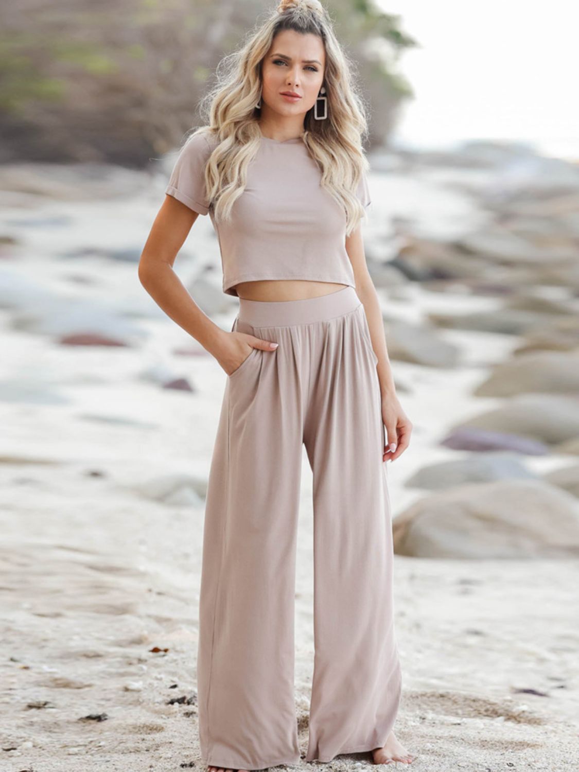 Short Sleeve T-Shirt and Wide Leg Pants Set **also available in light blue and tan