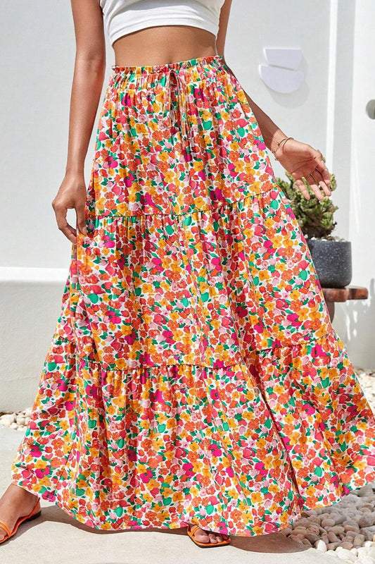 SYNZ Floral Printed Elastic Waist Maxi Skirt