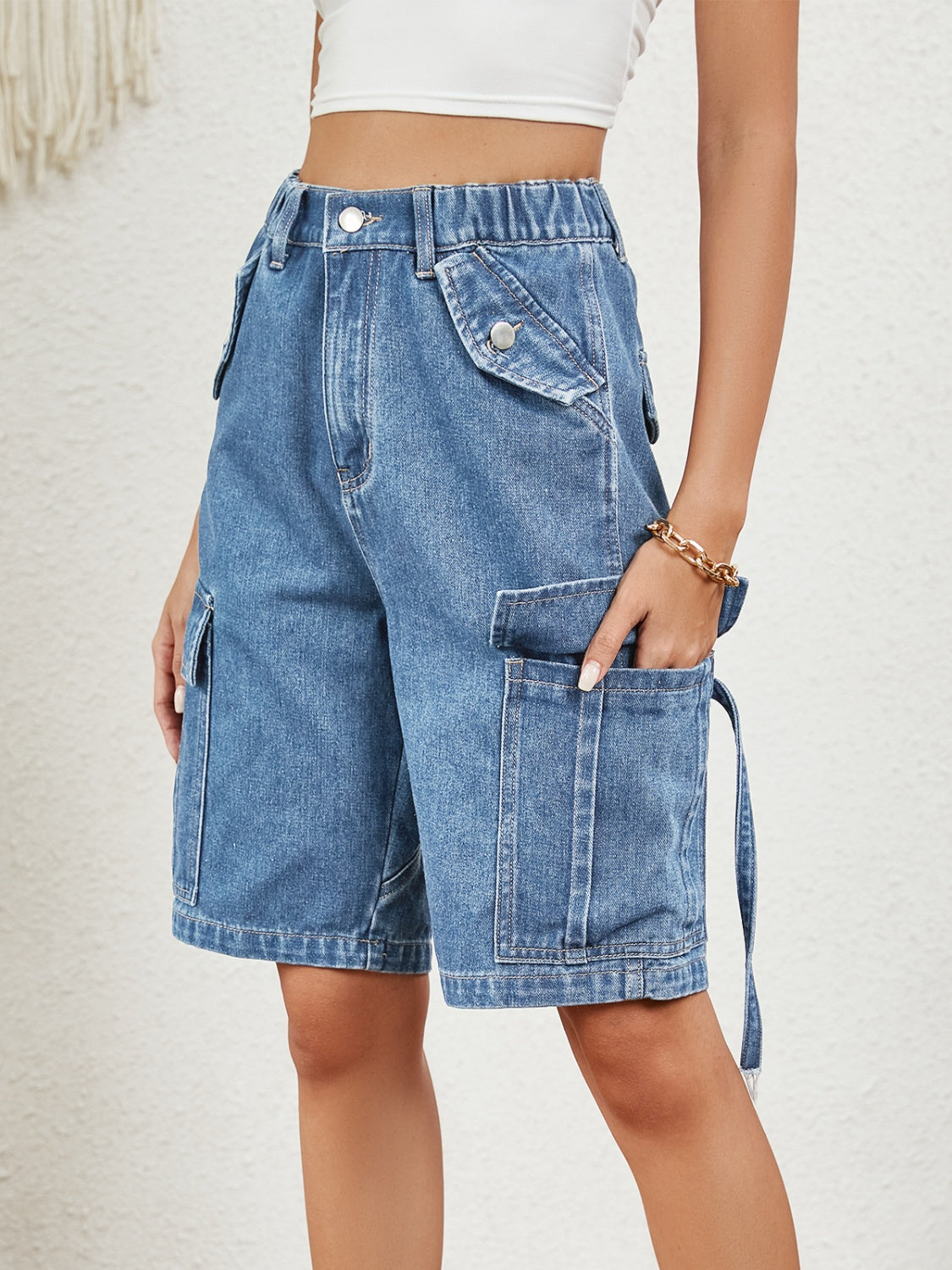 High Waist Denim Shorts with Pockets **also in medium blue, tan, and black