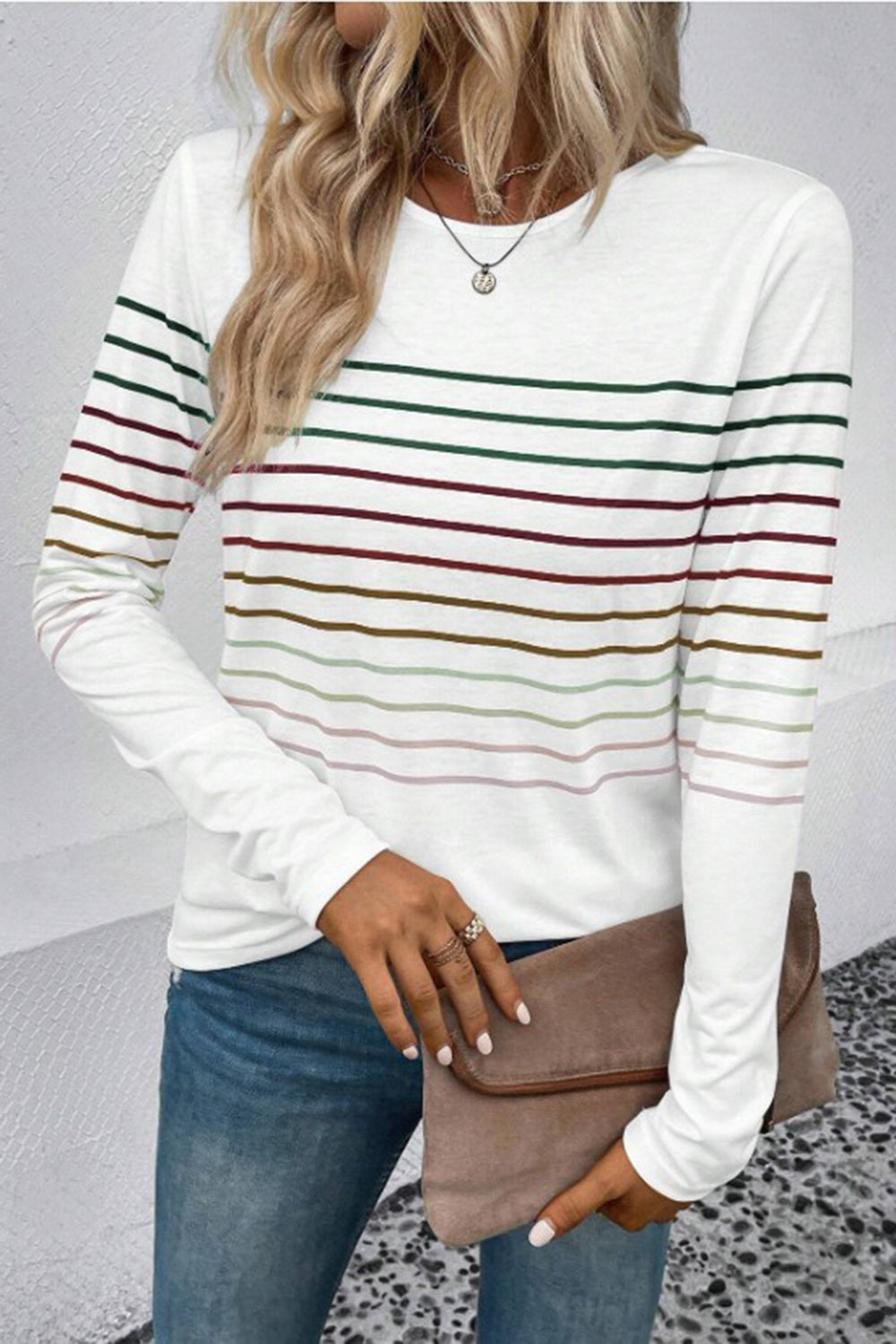 Striped Round Neck Long Sleeve T-Shirt **also in black, green, teal, grey, and burgundy