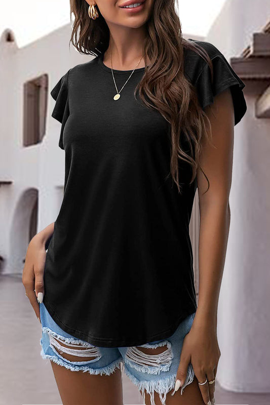 Ruffled Round Neck Cap Sleeve Tee **available in 12 colors