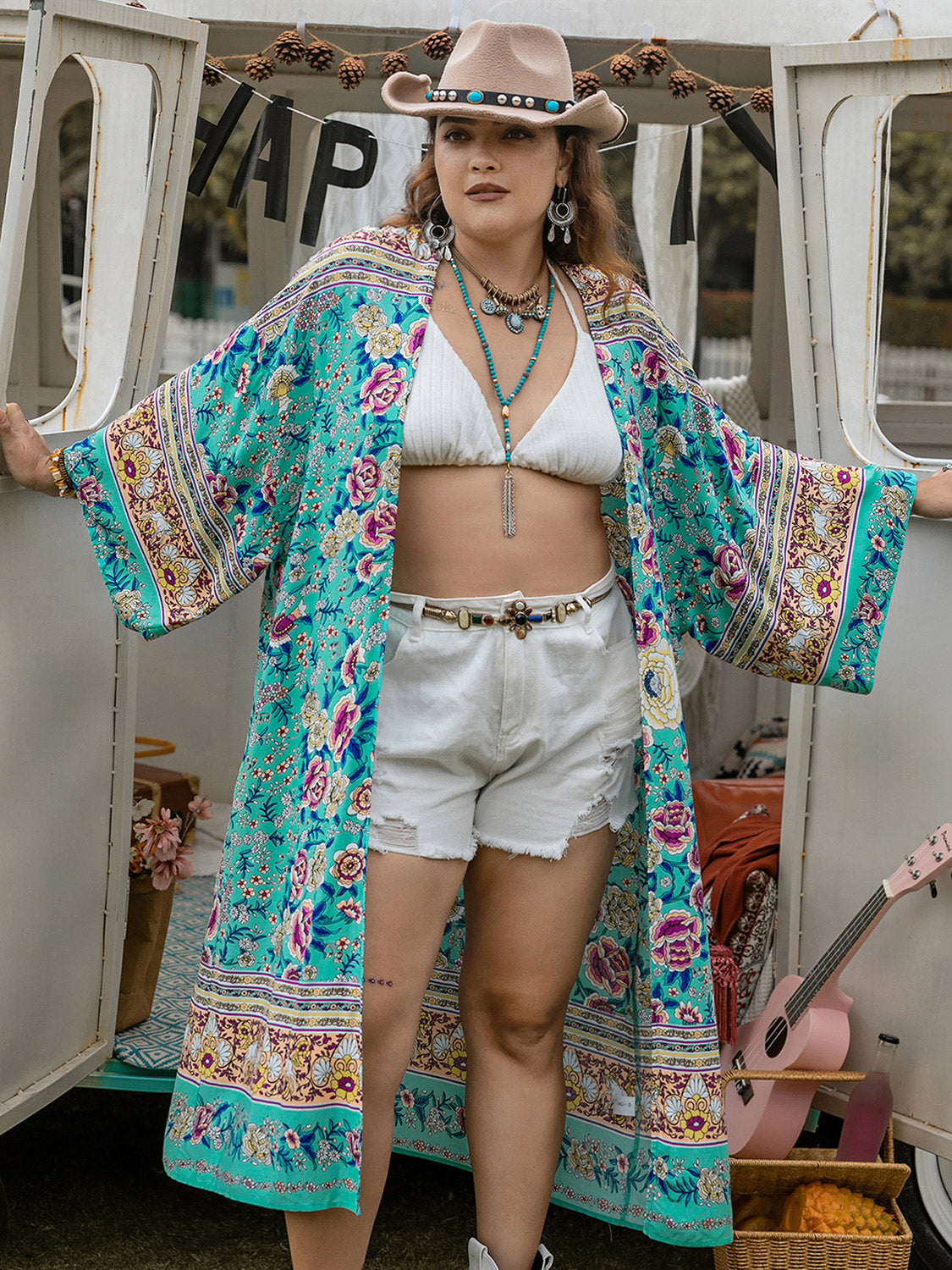 Double Take Plus Size Printed Open Front Longline Kimono **also in yellow and hot pink