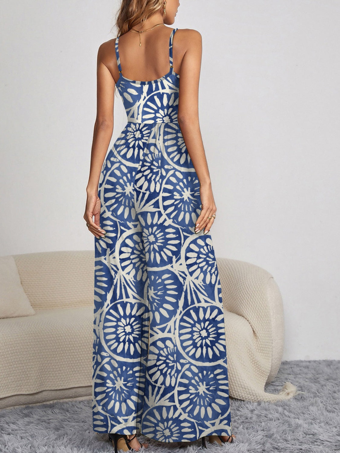 Floral Print Decorative Button Spaghetti Strap Wide Leg Jumpsuit