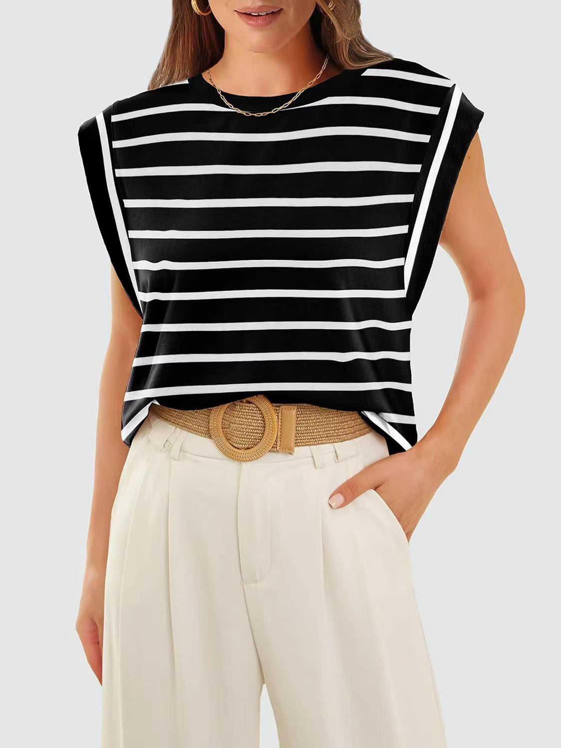 Nautical Striped Round Neck Cap Sleeve T-Shirt **also in red, cloudy blue, white, and navy