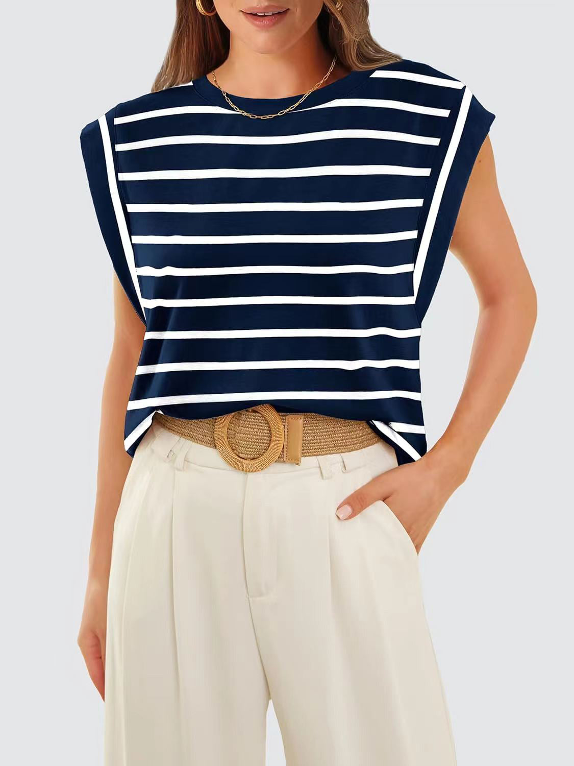 Nautical Striped Round Neck Cap Sleeve T-Shirt **also in red, cloudy blue, white, and navy