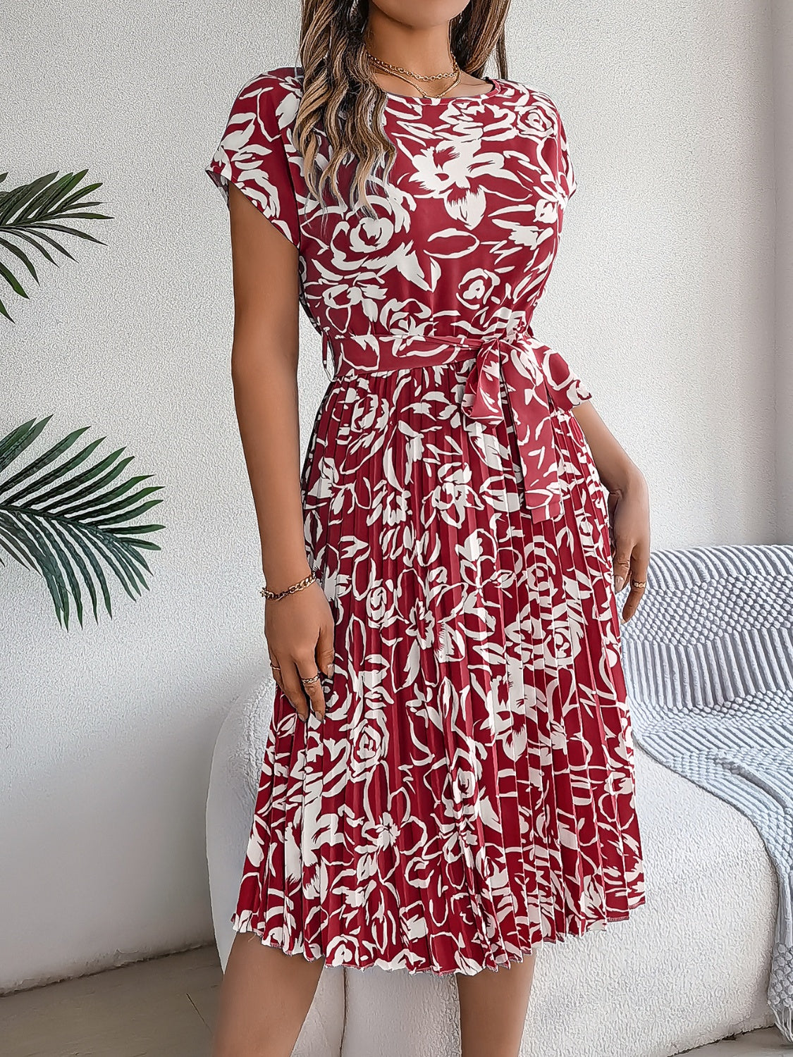 Tied Pleated Printed Short Sleeve Dress **also in pink, burgundy, pastel blue, and green