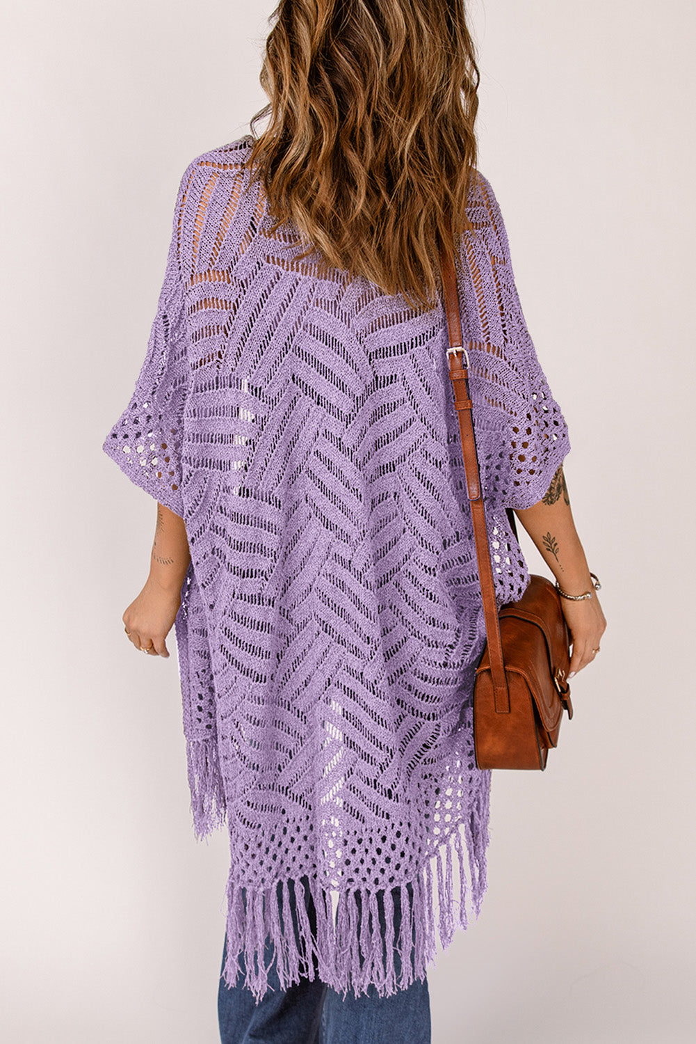 SYNZ Openwork Open Front Cardigan with Fringes **also in light or dark blue, lavender, and dark green