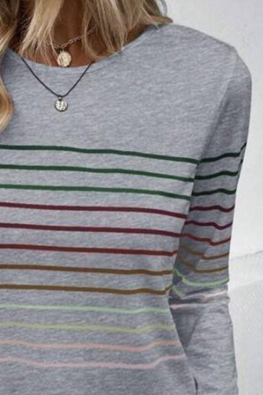 Striped Round Neck Long Sleeve T-Shirt **also in black, green, teal, grey, and burgundy