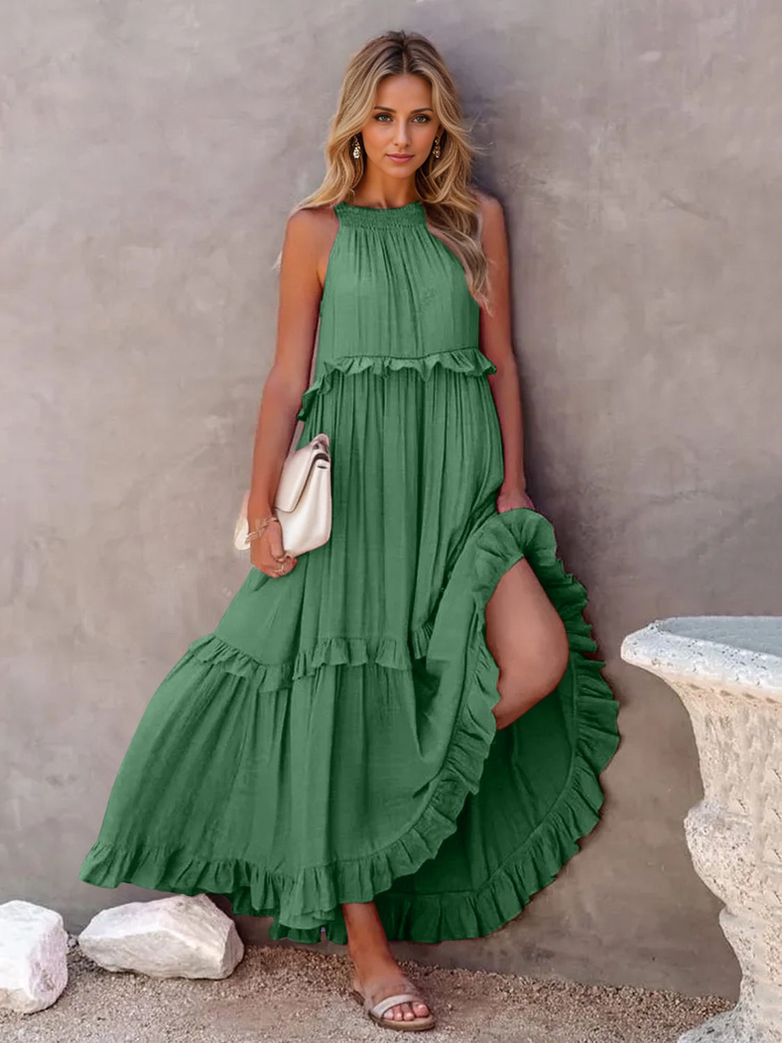 Full Size Ruffled Sleeveless Tiered Maxi Dress with Pockets **available in 8 colors