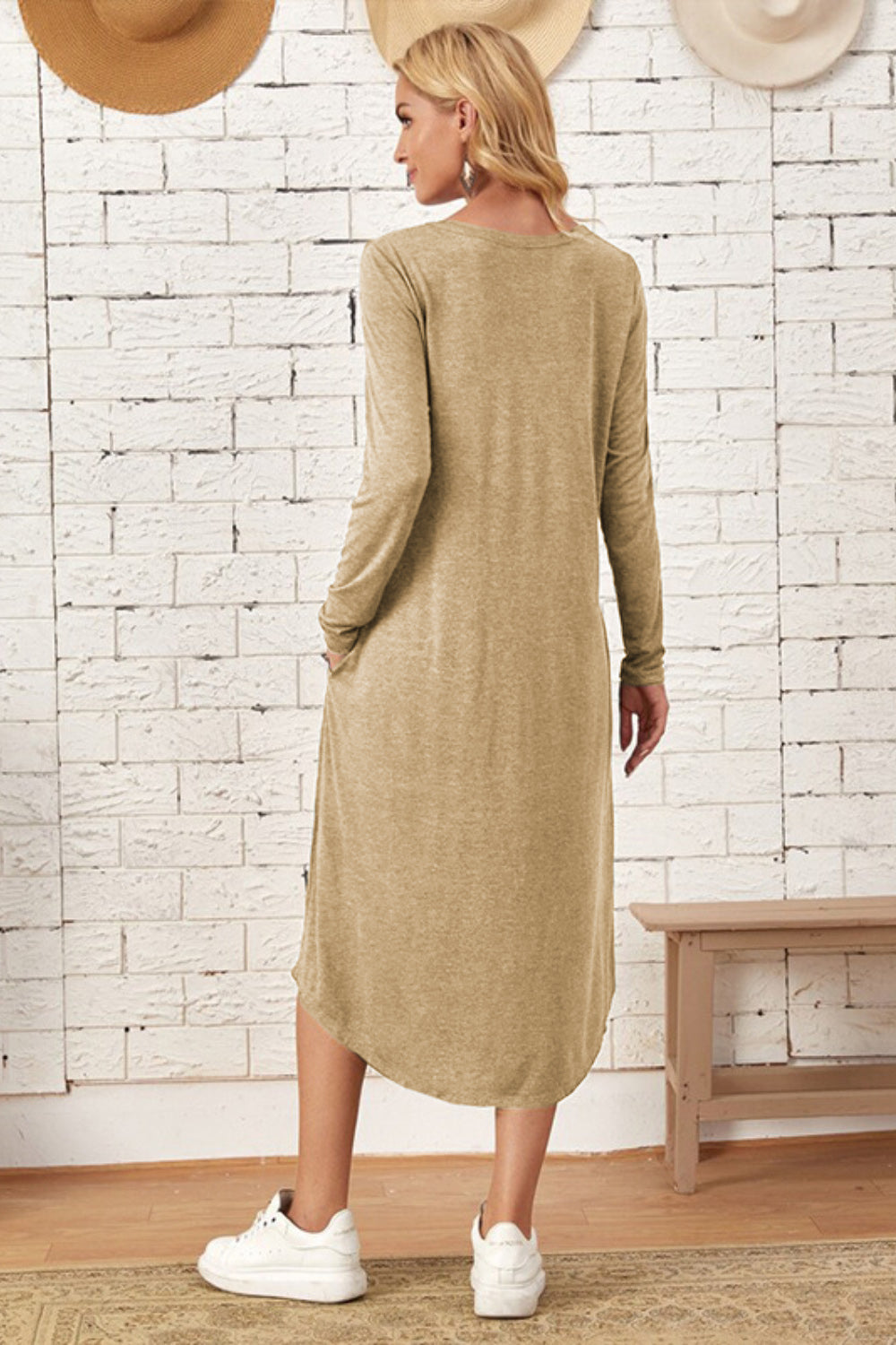 Pocketed Round Neck Long Sleeve Tee Dress **also in grey, black, burgundy, yellow green, and dusty blue