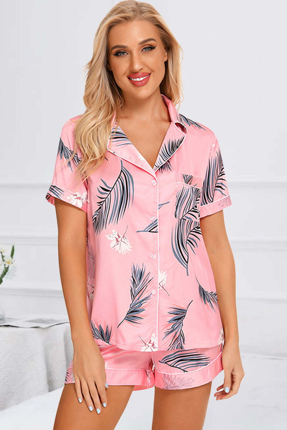 Printed Button Up Short Sleeve Top and Shorts Lounge Set **available in 11 colors and patterns