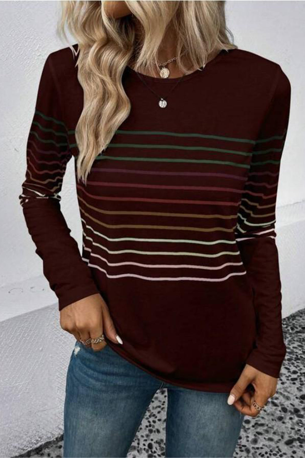 Striped Round Neck Long Sleeve T-Shirt **also in black, green, teal, grey, and burgundy