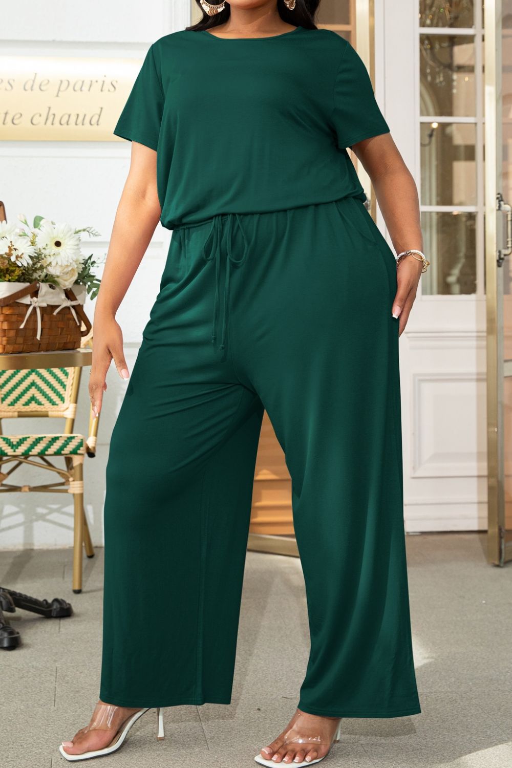 Plus Size Drawstring Waist Short Sleeve Jumpsuit **also in forest, wine, moss, and tan